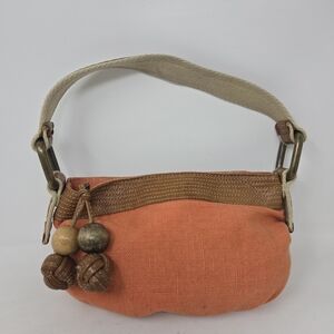 FOSSIL Woven Purse Orange Small Shoulder Bag Wooden Beads Boho Festival Y2K